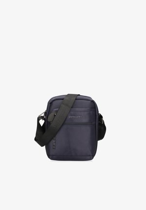 Borsa a tracolla blu navy realizzata in nylon testurizzato, dotata di tasca frontale con zip, tracolla regolabile e un logo in evidenza sul lato.
