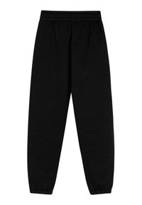 Pantaloni neri in felpa con una vestibilità rilassata, vita elasticizzata e polsini arricciati. Realizzati in tessuto morbido e resistente con una consistenza liscia.