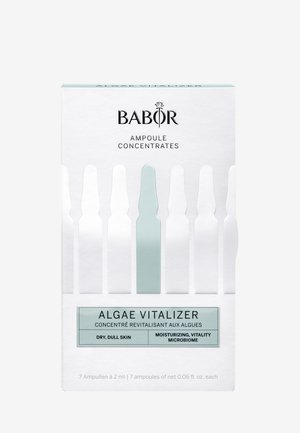 White box featuring seven clear ampoules with a light blue accent. Text includes "Algae Vitalizer" and details on application for dry skin.