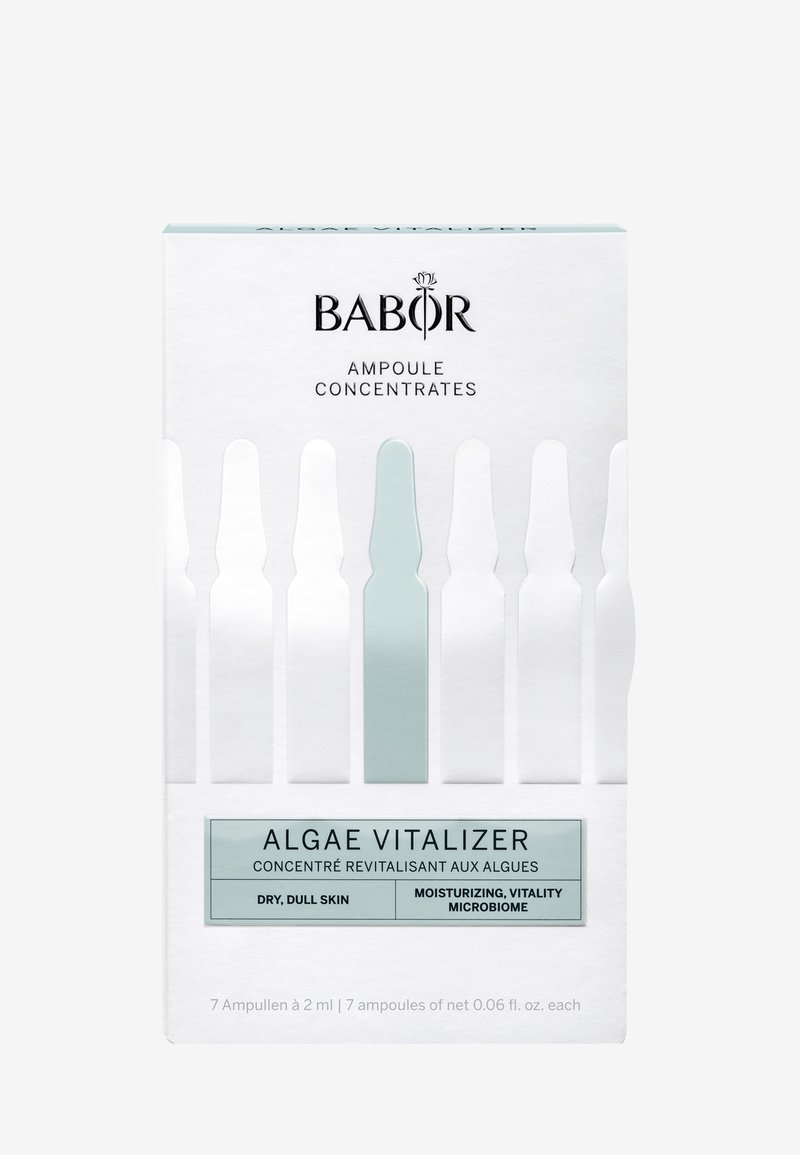 White box featuring seven clear ampoules with a light blue accent. Text includes "Algae Vitalizer" and details on application for dry skin.