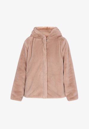 Faux-Fur Kapuzenjacke in hellem Beige mit Reißverschluss, langen Ärmeln und einer weichen, plüschigen Textur. Keine sichtbaren Muster oder Akzente.