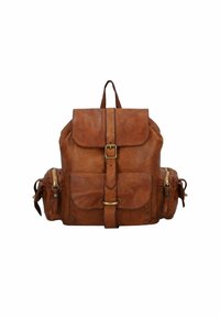 Zaino in pelle marrone con pattina superiore, chiusura a fibbia, due tasche laterali con zip e spallacci regolabili. Finitura testurizzata e costruzione robusta.