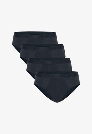Cuatro calzoncillos negros de hombre de Fila apilados en diagonal, cada uno con una cintura ancha que presenta un patrón sutil con el logo de Fila.