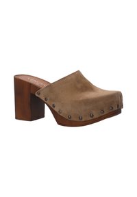 Brown suede heeled clogs with a chunky wooden base, rounded toe, and metal studs along the edge for detail.