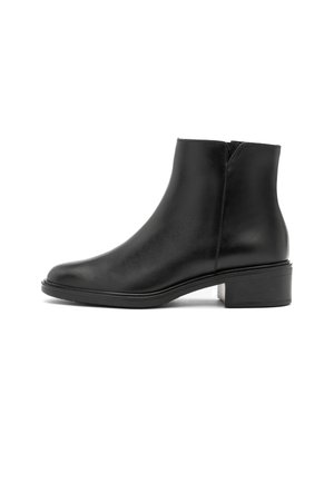 Black leather ankle boot with low block heel and side zipper, smooth finish, displayed on white background facing left.