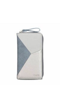 Portafoglio da polso con design geometrico in finta pelle blu, grigio chiaro e argento, con chiusura a cerniera e logo del marchio sulla parte anteriore.