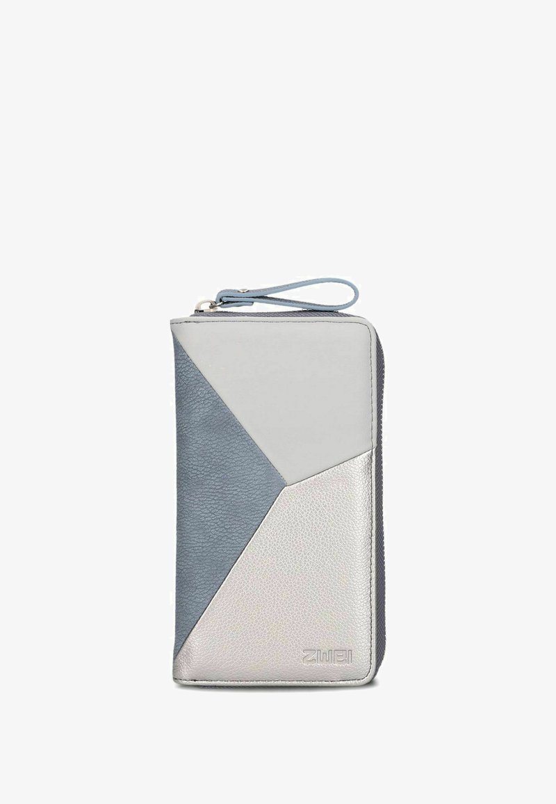 Portafoglio da polso con design geometrico in finta pelle blu, grigio chiaro e argento, con chiusura a cerniera e logo del marchio sulla parte anteriore.