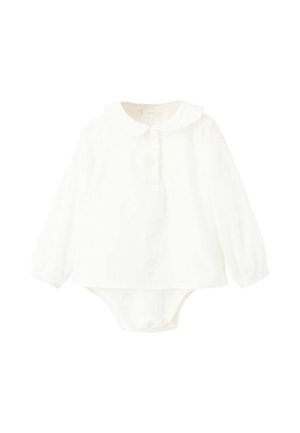 Bodysuit blanc à manches longues avec col rond, fermeture à boutons et poignets élastiqués ; présente un motif texturé subtil sur l'ensemble.