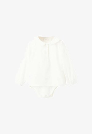 Bodysuit blanc à manches longues avec col rond, fermeture à boutons et poignets élastiqués ; présente un motif texturé subtil sur l'ensemble.
