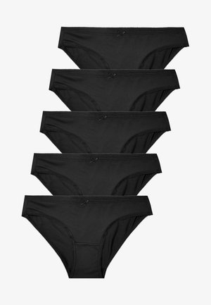 Viie tükiga mustade puuvillaste aluspükste komplekt, millel on sile tekstuur, ees väike sõlmeaksessuaar ja elastne vöökoht.