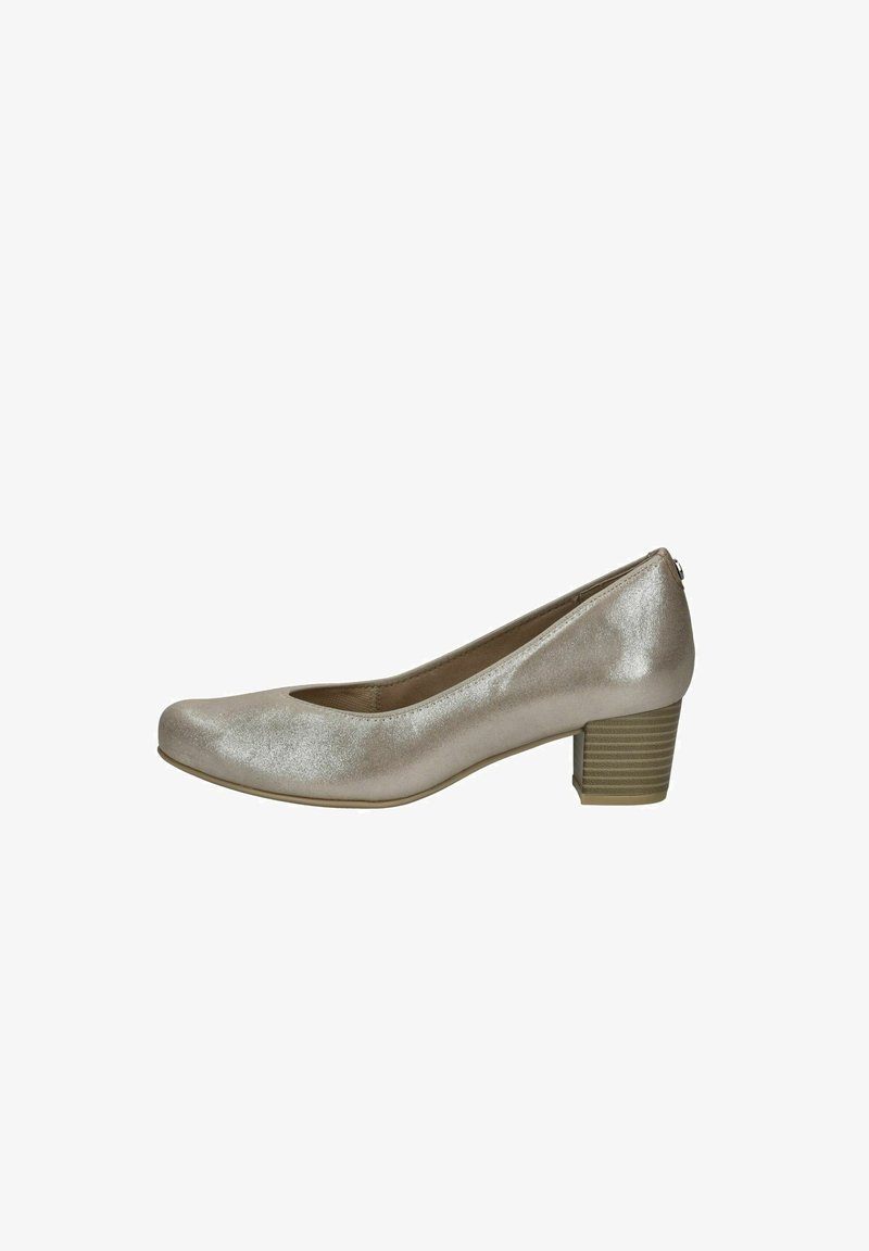 Beige metallische High Heel Schuhe mit runder Zehenpartie, glatter Struktur und einem breiten Absatz mit vertikalen Rillen. Seitenansicht dargestellt.