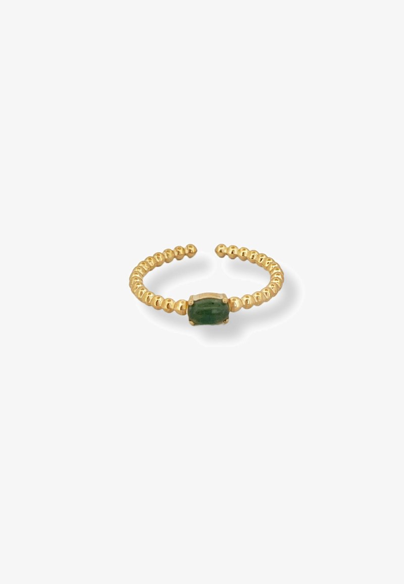 Gold ring with a beaded band design and a rectangular green stone at the center. The texture is smooth and polished.