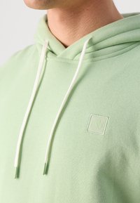 Haut à capuche vert clair avec une texture douce, cordons de serrage ajustables et un logo brodé subtil sur la poitrine.