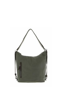 Borsa a spalla in nylon verde oliva con un design morbido, dotata di una tasca con zip e di una tracolla regolabile. Finiture in tonalità argento.