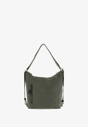 Sac à épaule en nylon vert olive au design décontracté, avec une poche zippée et une sangle d'épaule réglable. Quincaillerie en ton argent.
