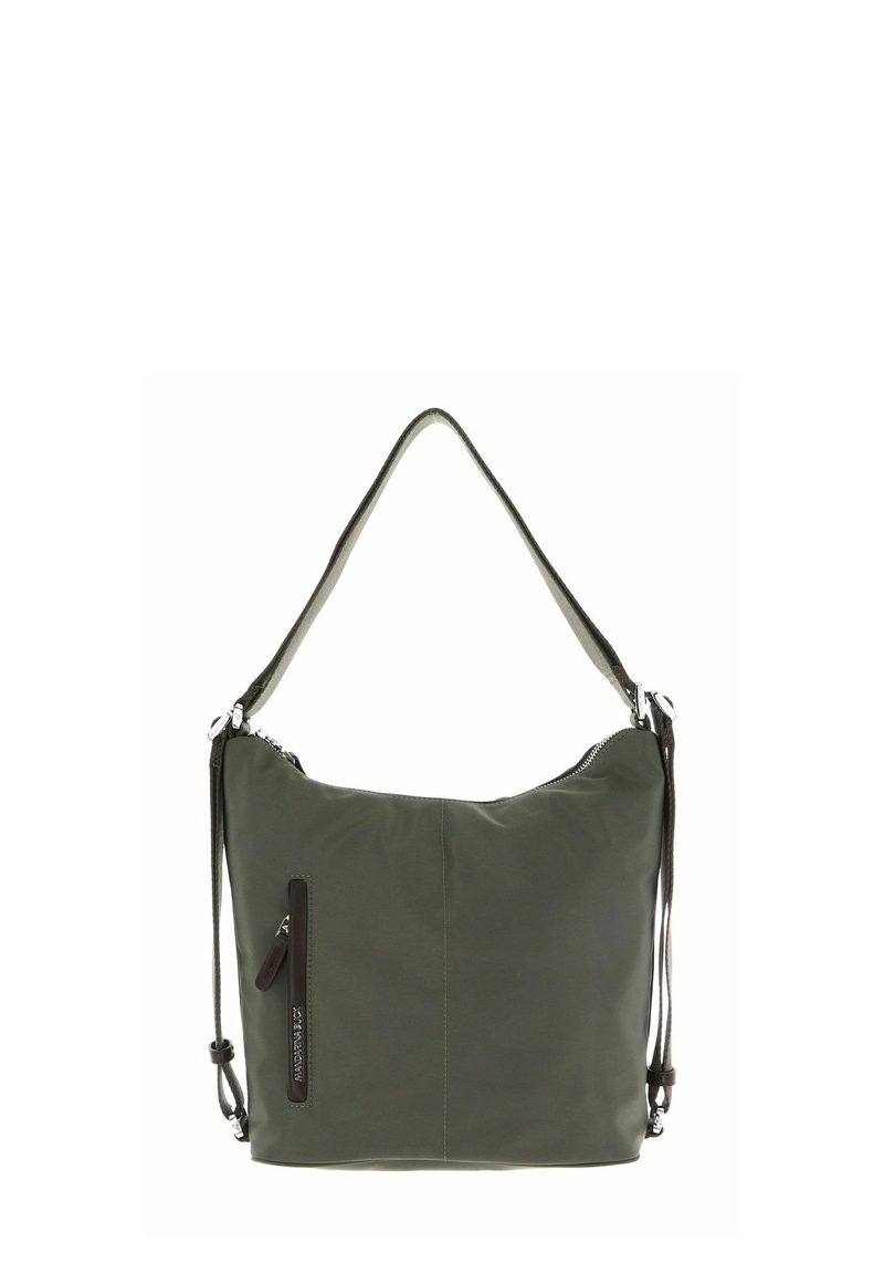 Borsa a spalla in nylon verde oliva con un design morbido, dotata di una tasca con zip e di una tracolla regolabile. Finiture in tonalità argento.