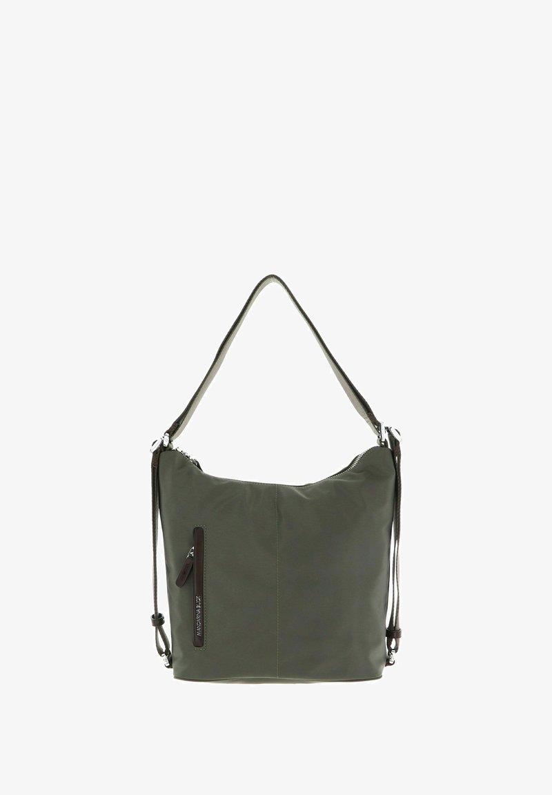 Sac à épaule en nylon vert olive au design décontracté, avec une poche zippée et une sangle d'épaule réglable. Quincaillerie en ton argent.