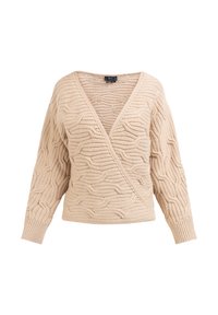 Pulover tricotat bej cu decolteu în V și design înfășurat. Prezintă un model texturat și mâneci lungi, ușor bufante.