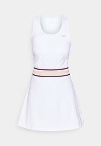 Rochie sport albă cu fustă evazată, prezentând o bandă lată la talie în culori contrastante și un decolteu rotunjit. Textură de țesătură netedă.