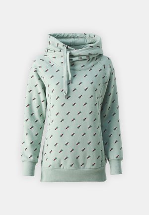 Mint green hoodie with a high neck, featuring a repeating pattern of small red and green ice cream cones. Made from soft, textured fabric.