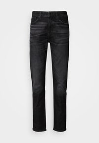 Fekete egyenes szabású farmernadrág, öt zsebes kivitelben, enyhén kopott hatással, gombos rögzítéssel. Klasszikus stílus, alkalmi viselethez ideális.