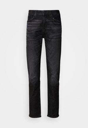 Jeans in denim nero con taglio dritto, design a cinque tasche, leggera scoloritura e chiusura con bottone. Stile classico adatto per un look casual.