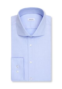 Light blue textured dress shirt with spread collar and buttoned cuffs, neatly folded and displayed on a white background.