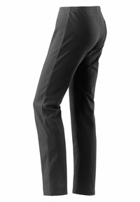Zwarte, elastische broeken met een gladde textuur, rechte pijpen en een hoge tailleband. Heeft een achterzak aan de rechterkant.