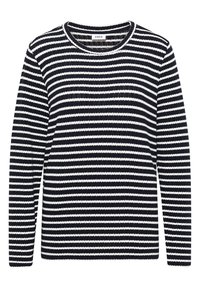 Suéter a rayas en azul marino y blanco, con cuello redondo y mangas largas, confeccionado en una tela suave con textura y un patrón acanalado.