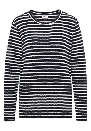 Maglione a righe blu navy e bianco, con scollo tondo e maniche lunghe, realizzato in tessuto morbido dalla texture con motivo a coste.