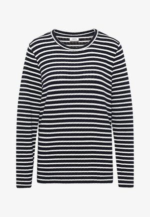 Maglione a righe blu navy e bianco, con scollo tondo e maniche lunghe, realizzato in tessuto morbido dalla texture con motivo a coste.