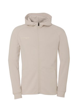 Beige jas met volledige ritssluiting en capuchon, lange mouwen, voorzakken en Kempa-logo op de linker bovenborst.
