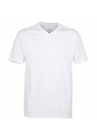 Weißes Baumwoll-T-Shirt mit V-Ausschnitt, kurzen Ärmeln und lockerer Passform. Glatte Textur, keine sichtbaren Muster oder Akzente.