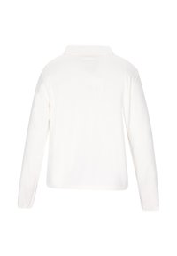 Blusa bianca a maniche lunghe con colletto, caratterizzata da una texture liscia; presenta un design semplice e pulito, con orlo dritto e senza loghi visibili.