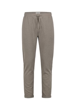 Taupe-colored casual pants with elastic waistband, drawstring, and cuffed hems, displayed against a plain white background.