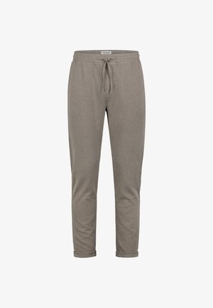 Freizeithose in Taupe mit elastischem Bund, Kordelzug und umgeschlagenen Säumen, auf weißem Hintergrund gezeigt.