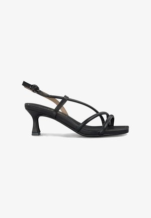 Zwarte sandalen met straps en slingback ontwerp, voorzien van meerdere kruislings straps en een vierkante hak. Gemaakt van glad synthetisch materiaal.