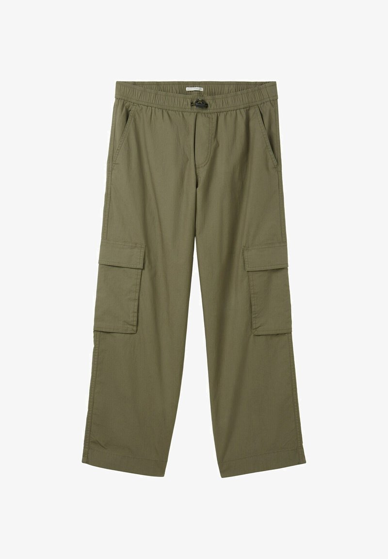 Pantalon cargo vert olive avec taille à cordon de serrage, deux poches latérales et deux grandes poches cargo sur les cuisses, fabriqué en tissu léger.