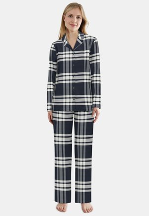 Navy- und graues Karomuster-Pyjama-Set, bestehend aus einem Knopf-Top mit Kragen und passenden Hosen, beide aus einem weichen, glatten Stoff.