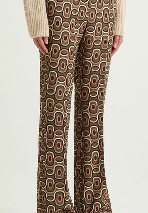 Pantaloni marroni con motivo a ovali intrecciati color crema e bordeaux in stile retrò, realizzati in tessuto liscio, vestibilità svasata.