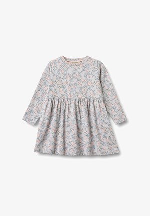 Langärmliges Kleinkindkleid mit geraffter Taille, versehen mit kleinem blauem und rosa Blumenmuster auf hellgrauem Stoff.