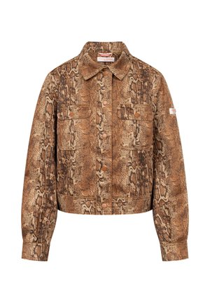 Bruine en beige jasje van nep slangenhuid met lange mouwen, kraag, drukknoopsluiting aan de voorkant en twee borstflappenzakken.