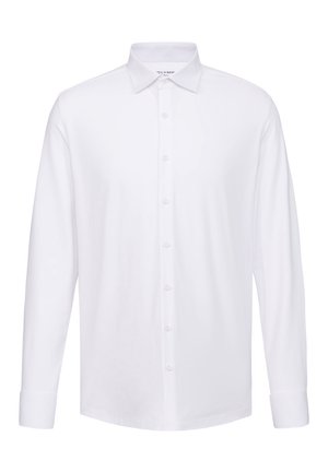 Camicia bianca a maniche lunghe realizzata in tessuto morbido, con colletto classico e chiusura frontale con bottoni. Presenta polsini con bottone e una vestibilità su misura.