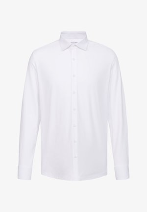 Camicia bianca a maniche lunghe realizzata in tessuto morbido, con colletto classico e chiusura frontale con bottoni. Presenta polsini con bottone e una vestibilità su misura.