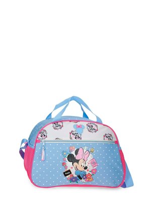 Bolsa de viaje pequeña azul y rosa con Minnie Mouse, patrones florales, lunares blancos y doble asa y correa para el hombro.