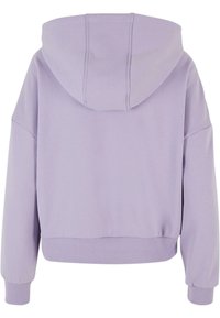 Haut court lilas avec une capuche spacieuse, des poignets côtelés et un ourlet côtelé. Tissu lisse avec des coutures minimales, présentant une coupe décontractée et un design casual.