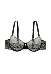 Reggiseno nero con sovrapposizione di pizzo floreale, rifinito con una bordatura volant ai bordi. Presenta spalline regolabili e un dettaglio a chiave al centro davanti.