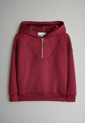 Bordeauxrode hoodie van gladde stof, met een halve ritssluiting, geribde manchetten en een ontspannen pasvorm. Eenvoudig en minimalistisch.