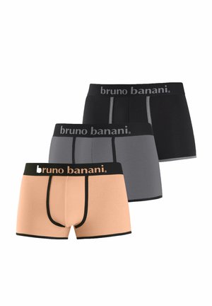 Drei Herren-Boxershorts in Pfirsich, Grau und Schwarz mit schwarzen Taillenbändern, die mit "bruno banani" in kontrastierenden Farben beschriftet sind.