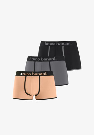 Drei Herren-Boxershorts in Pfirsich, Grau und Schwarz mit schwarzen Taillenbändern, die mit "bruno banani" in kontrastierenden Farben beschriftet sind.